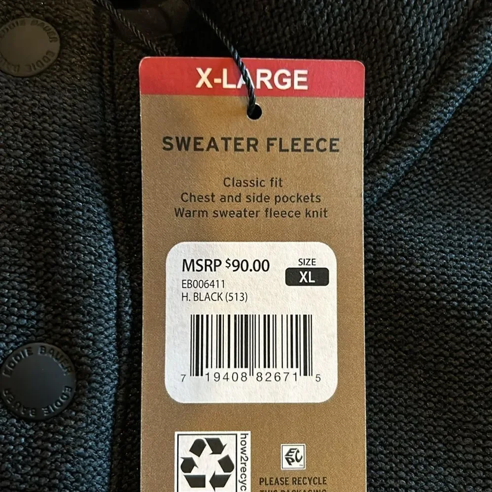 NEW Eddie Bauer Mens Black Sweater Fleece
